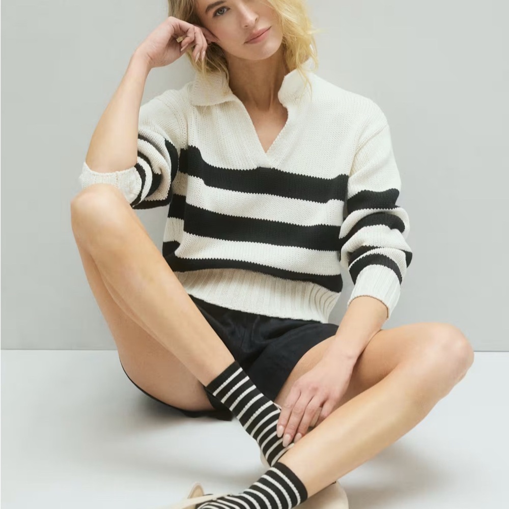 Madewell Black and White Striped V-Neck Sweater